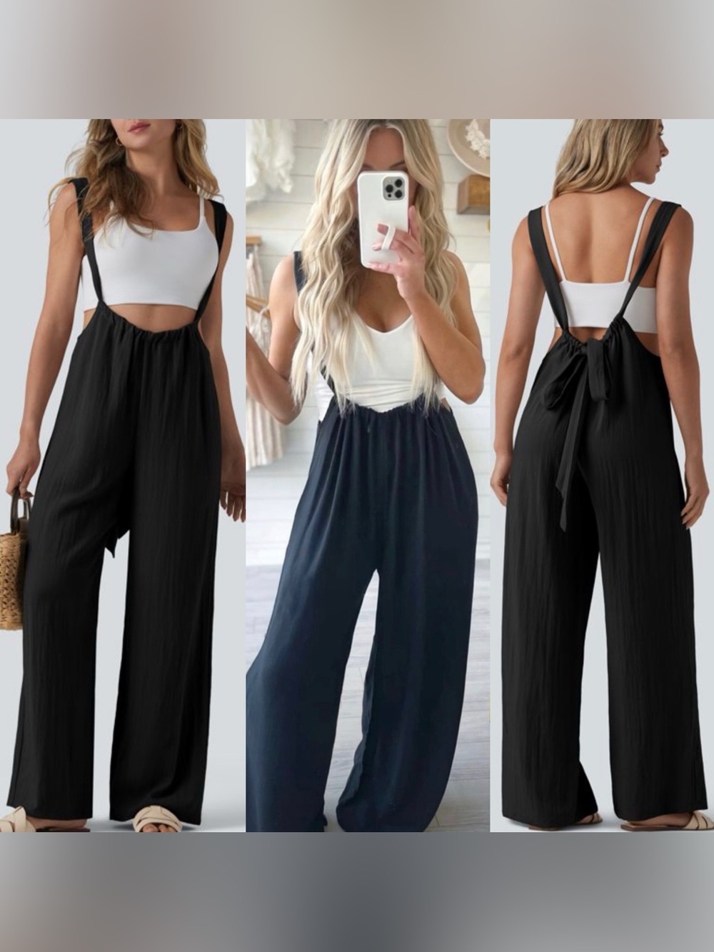 New Wide Leg Adjustable Tie Straps Suspender Style Jumper in Black Sz SMALL